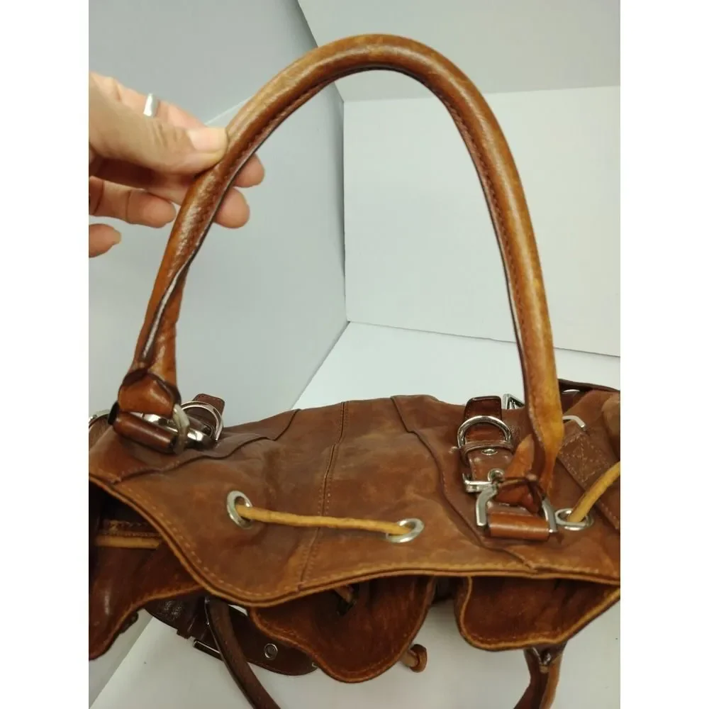 Michael Kors Leather Tote Hobo Shoulder Bag Distressed Look Large Bucket Buckle